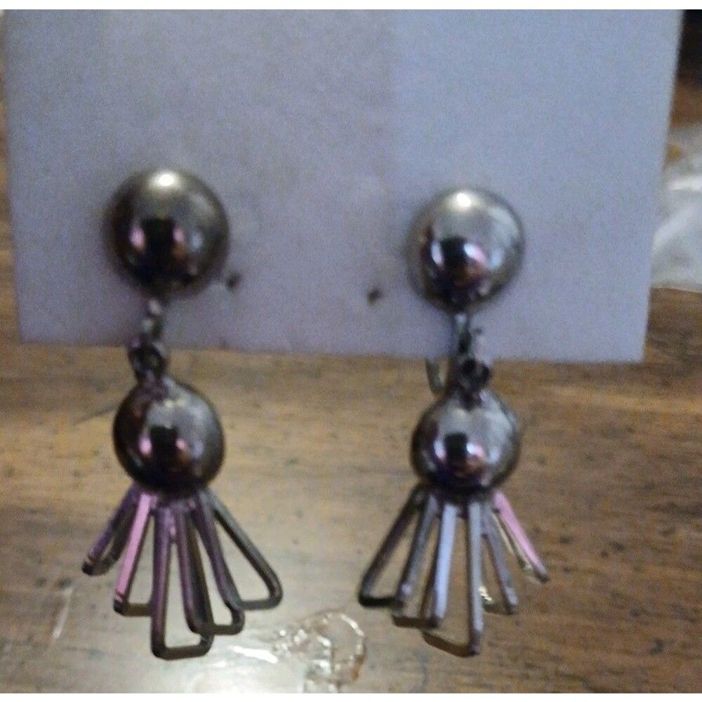 Vintage Brutalist Silver Tone Abstract Geometric Dangle Earrings Screwback